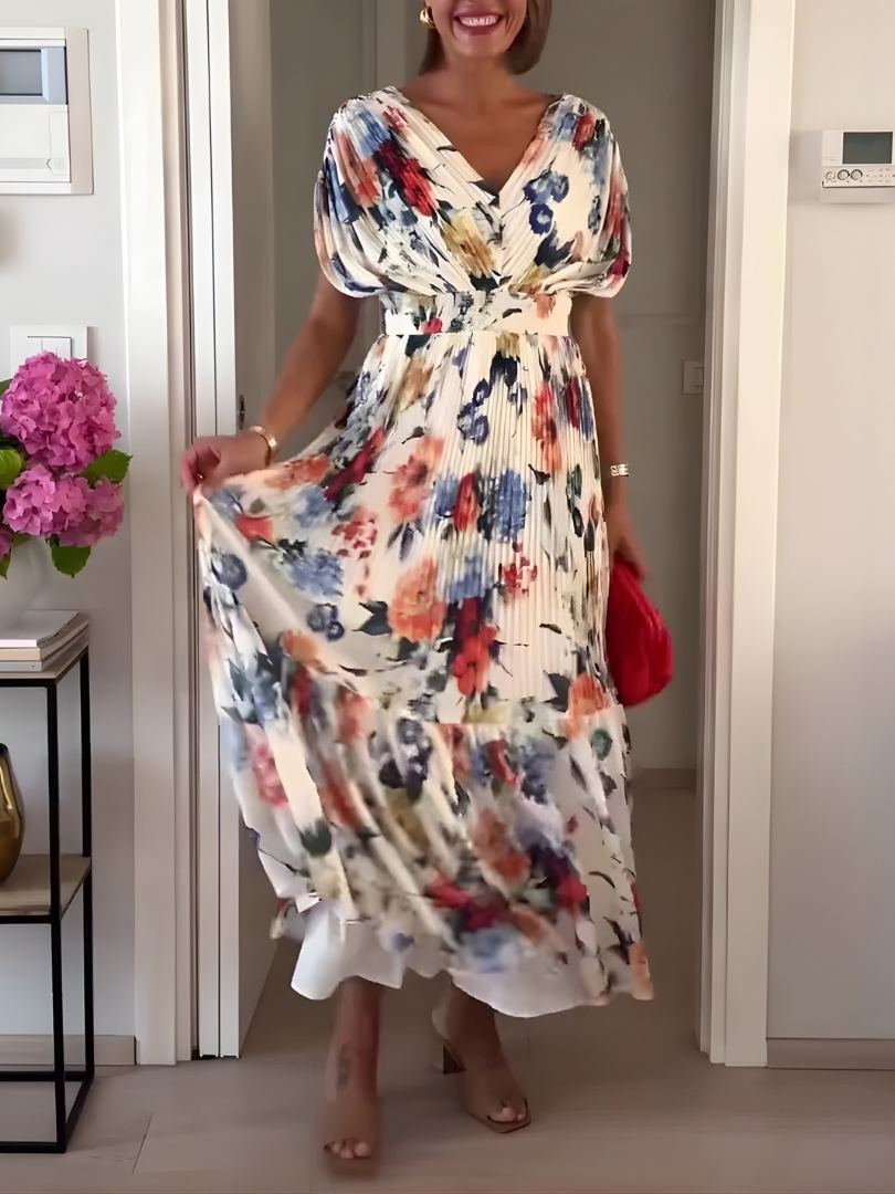 Floral V-Neck Short Sleeve Pleated Tiered Maxi Dress 3