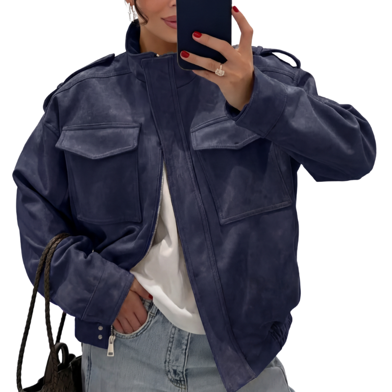 Stand Collar Flap Pocket Zip Front Suede Look Bomber Jacket 3
