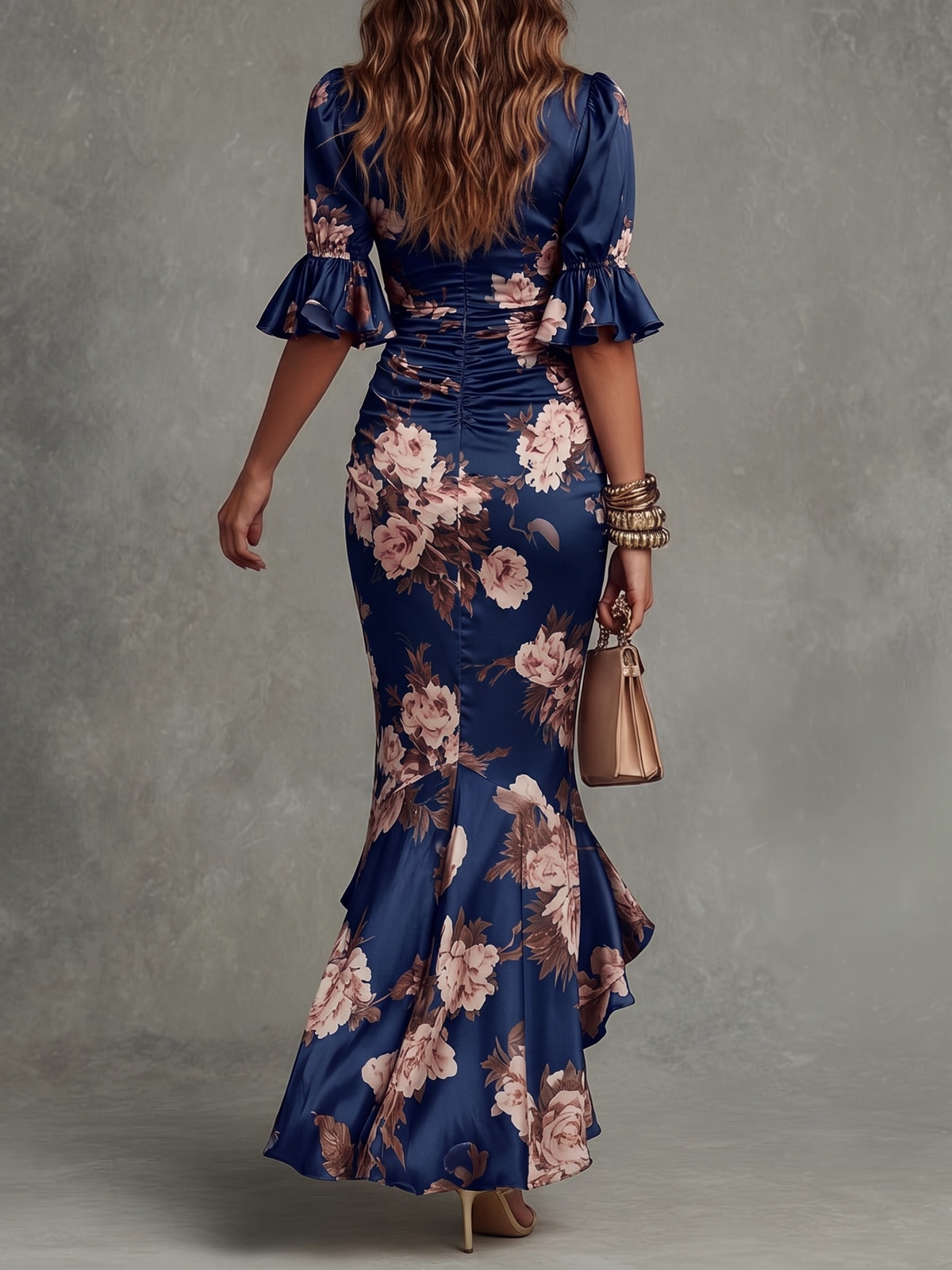 Floral Deep V-Neck Flare Sleeve Ruched High Split Maxi Dress 4