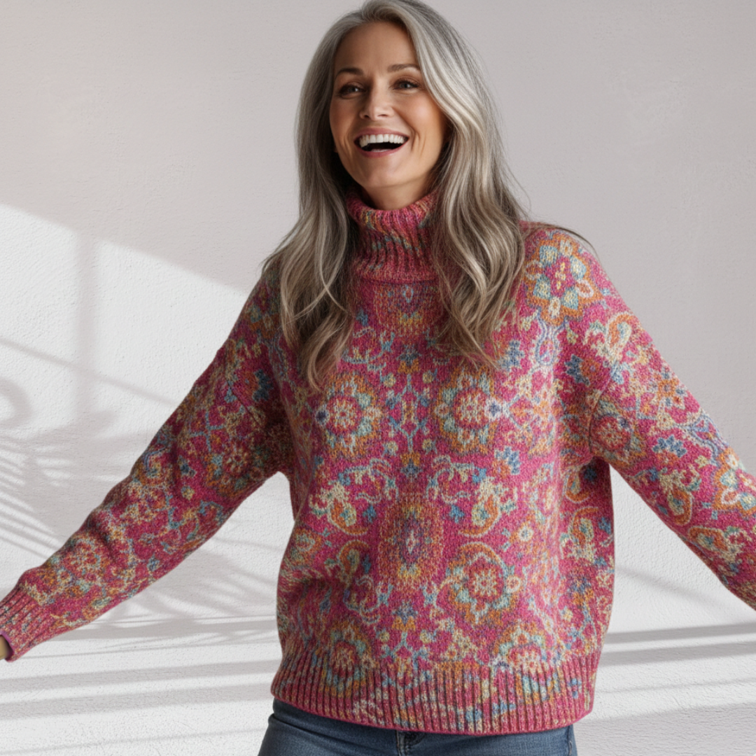 Floral Print Turtleneck Long Sleeve Knit Sweater 3