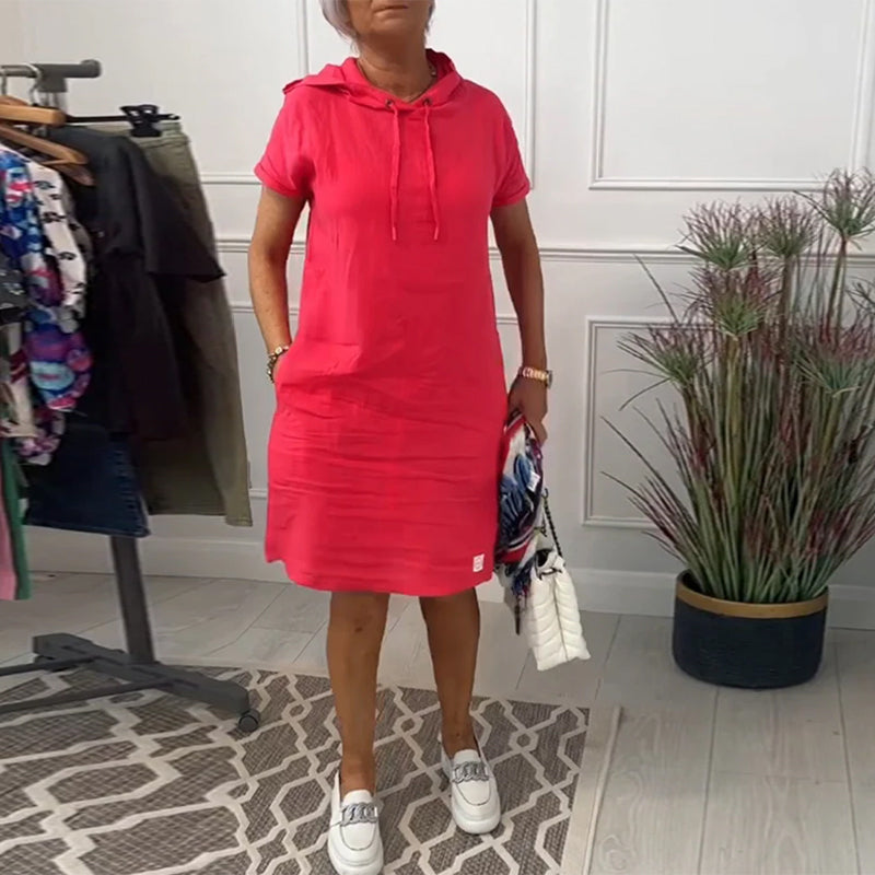 Hooded Drawstring Short Sleeve Knee Length Shift Dress 22