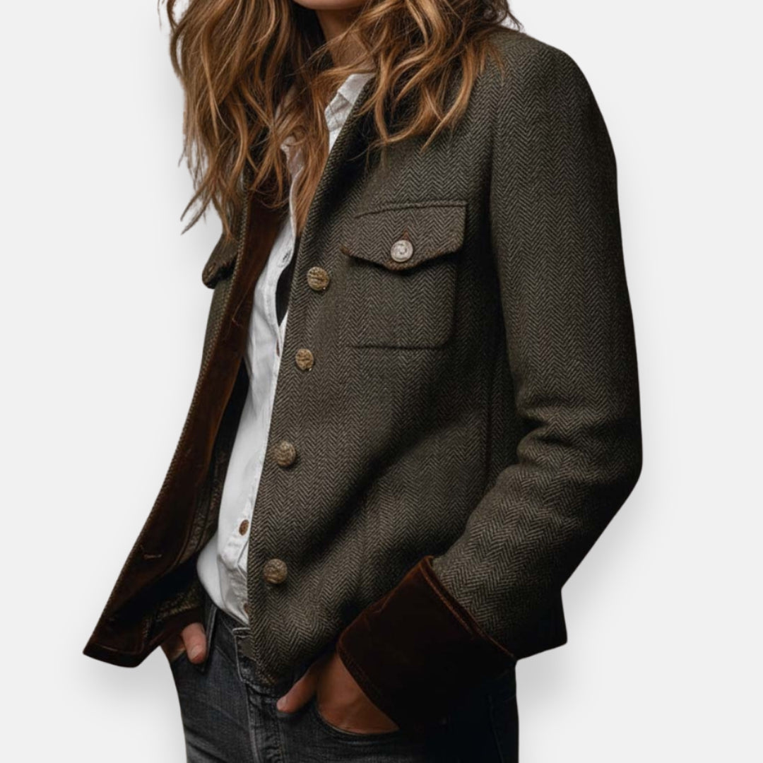 Herringbone Flap Pocket Suede Trim Tweed Jacket 3