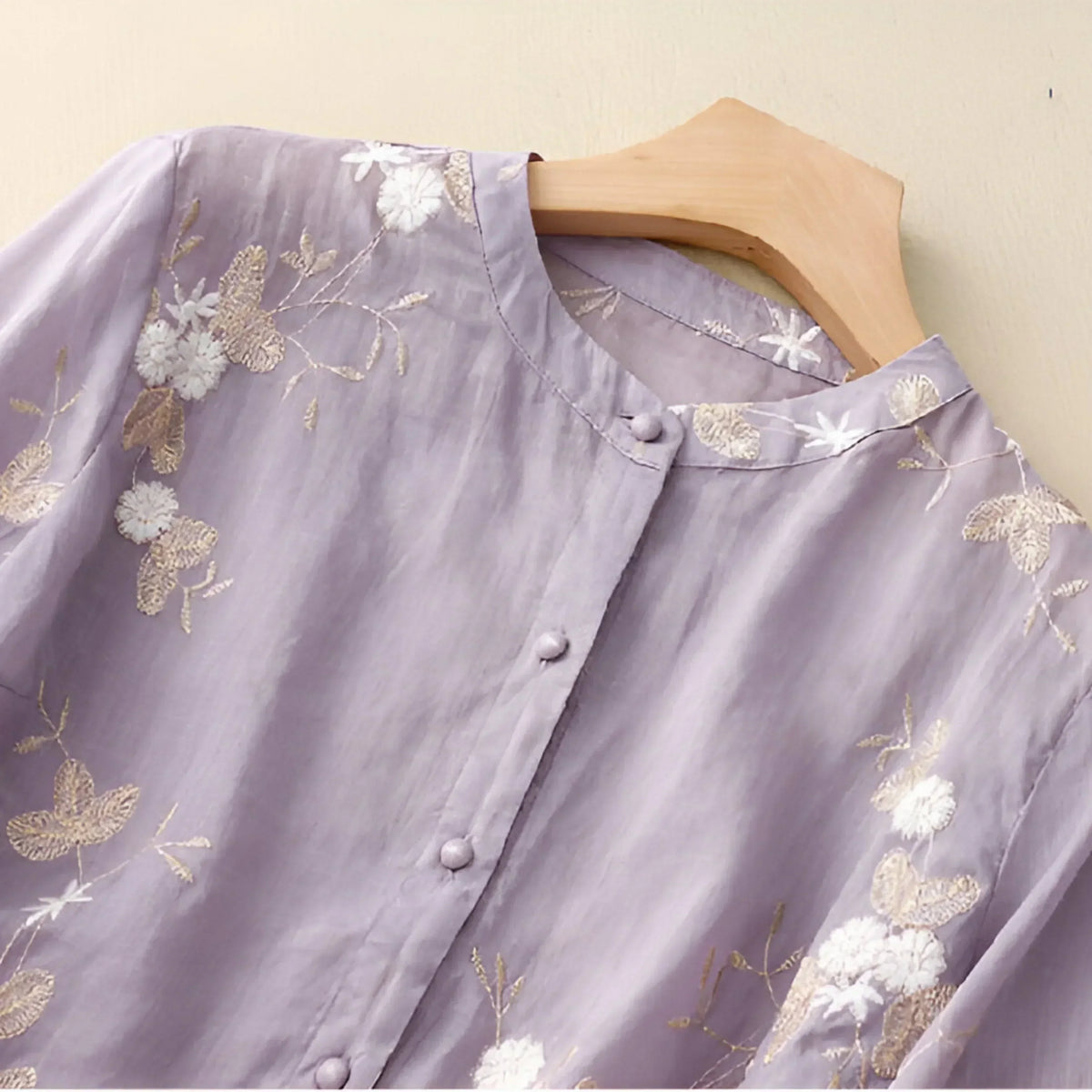 Stand Collar Floral Embroidered Sheer Button Front Blouse 7