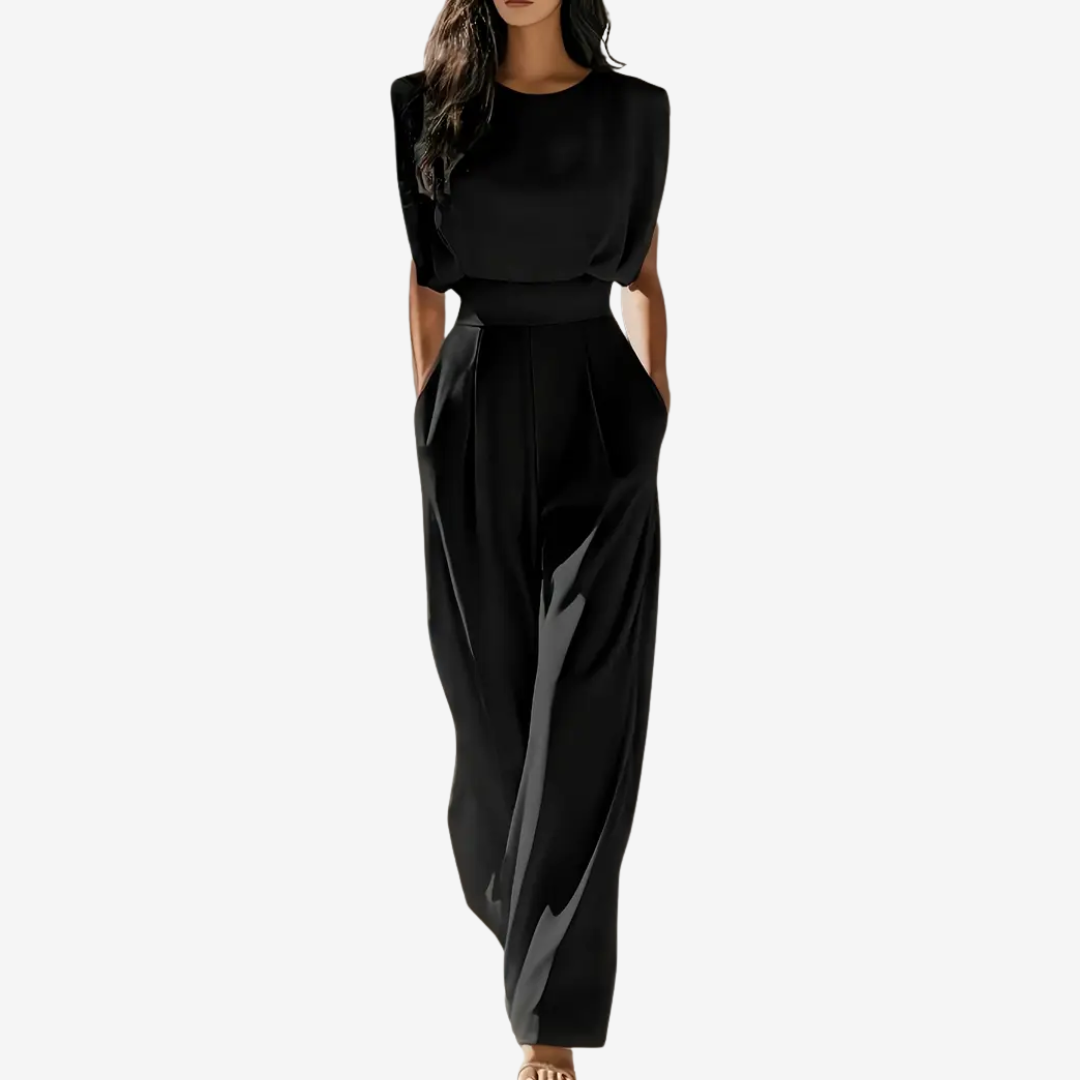 Round Neck Sleeveless Padded Shoulder Wide Leg Jumpsuit 2