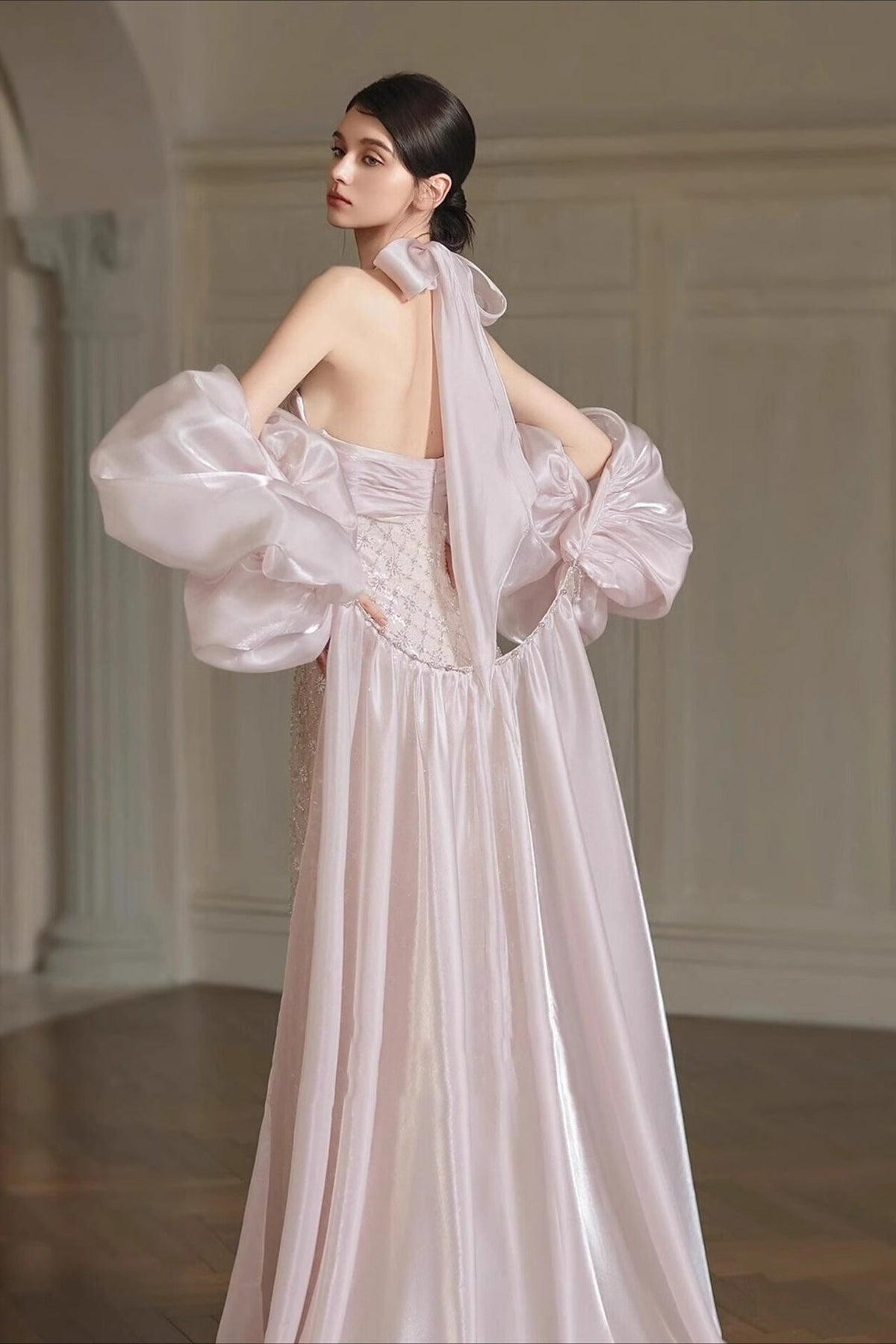 Halter Neck Beaded Puff Sleeve Mermaid Maxi Gown - View 2