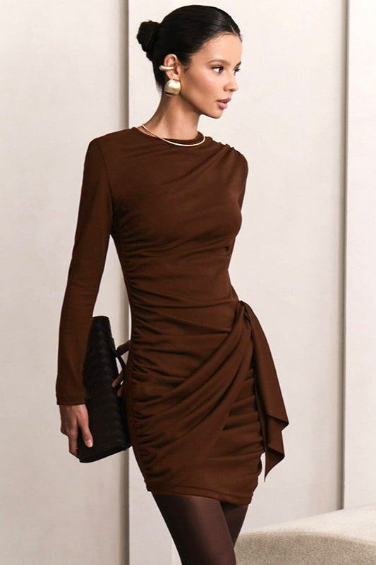 Crew Neck Long Sleeve Ruched Wrap Hip Knot Bodycon Mini Cocktail Dress