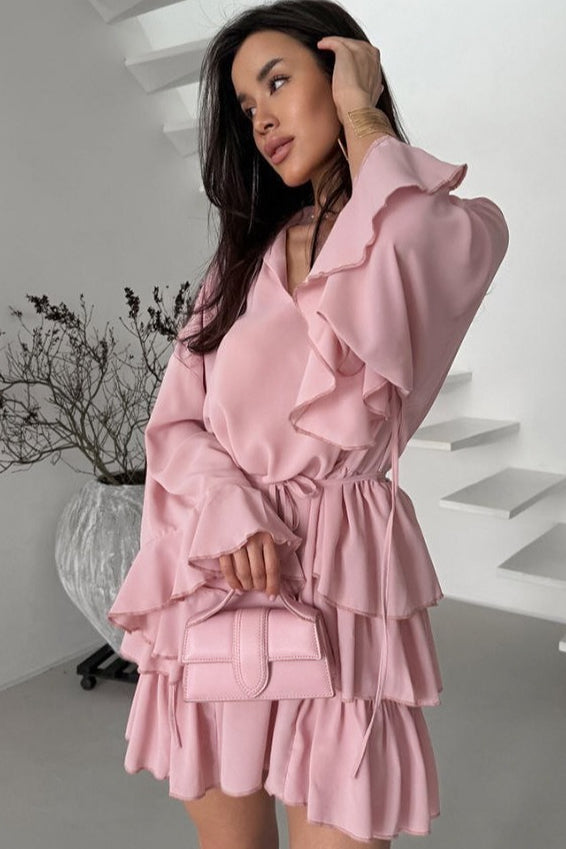 Ruffled Chiffon Pink Mini Dress - View 5