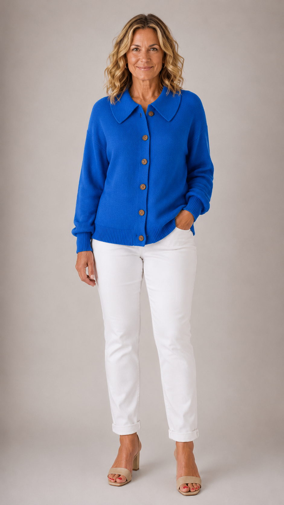 Collared Button Front Ribbed Knit Cardigan