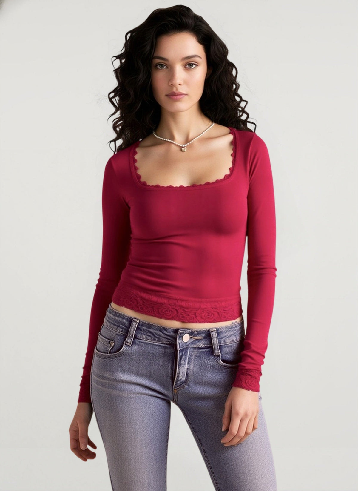 Square Neck Long Sleeve Lace Trim Crop Top 3