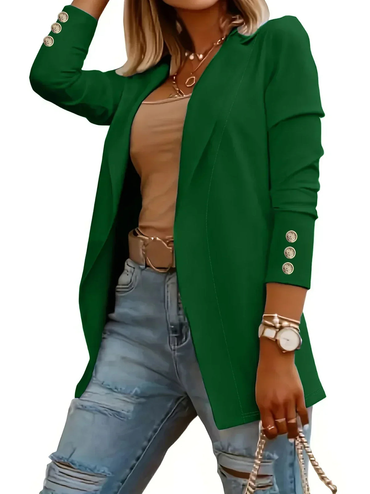 Notch Lapel Button Cuff Open Front Blazer 11