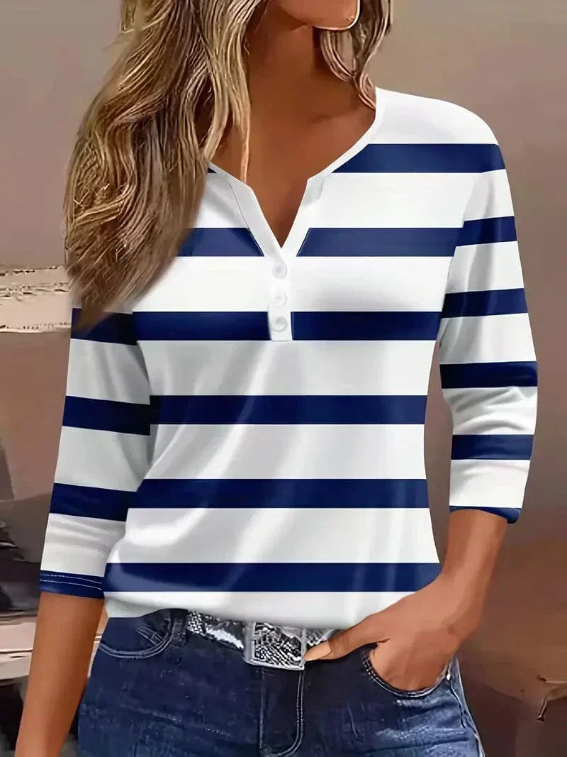Striped V-Neck Button Henley Long Sleeve Top 4