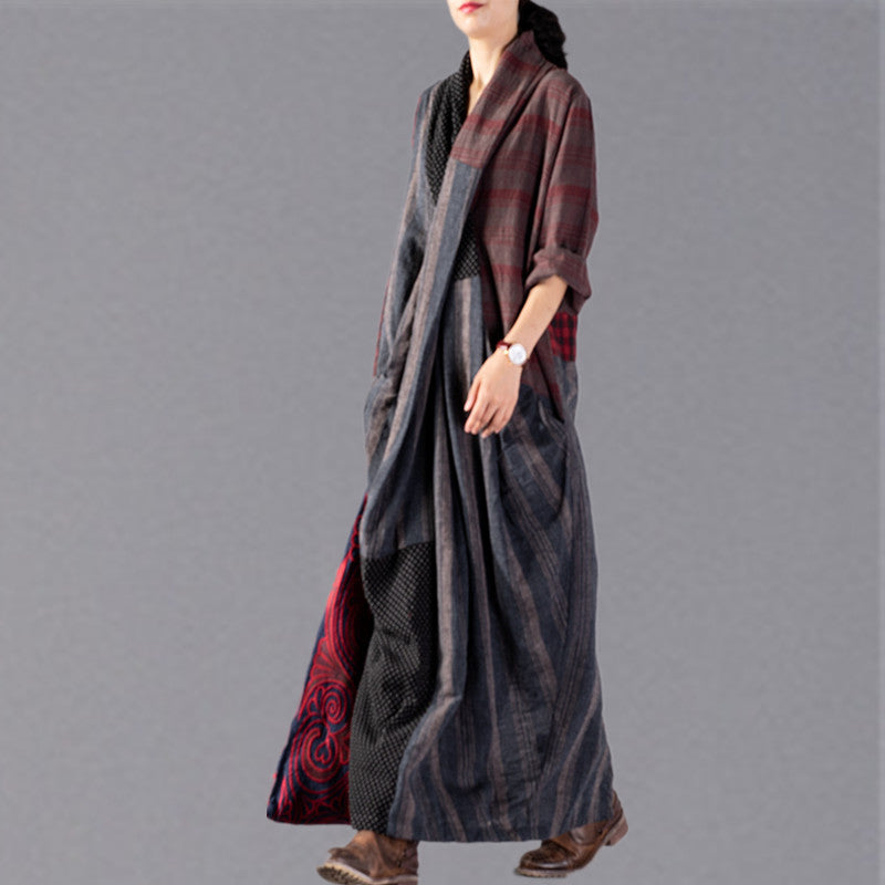 Plaid Patchwork V-Neck Asymmetric Drape Pocket Kaftan Maxi Dress - View 3