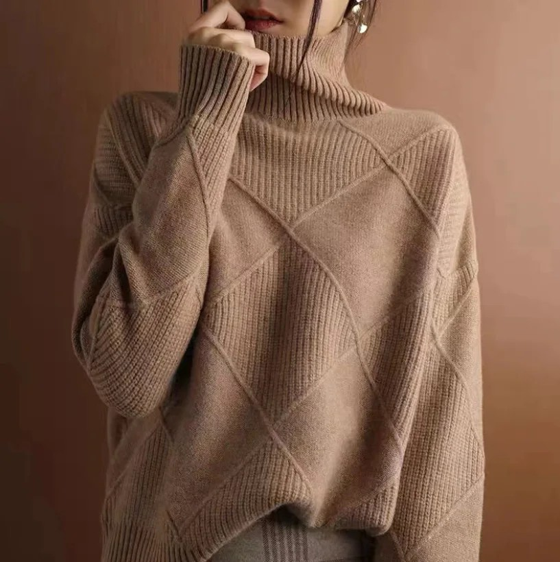 Turtleneck Long Sleeve Diamond Textured Knit Sweater 13