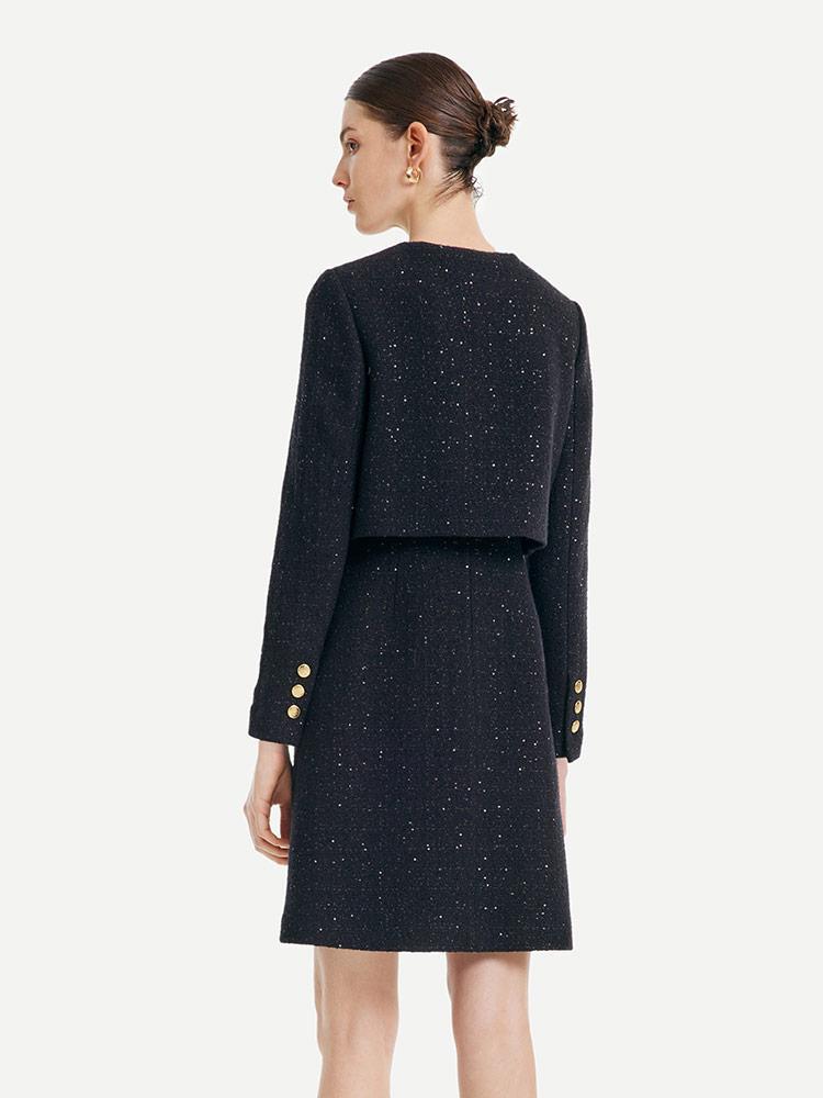 Tweed Collarless Button Front Patch Pocket Long Sleeve Mini Coat Dress - View 3