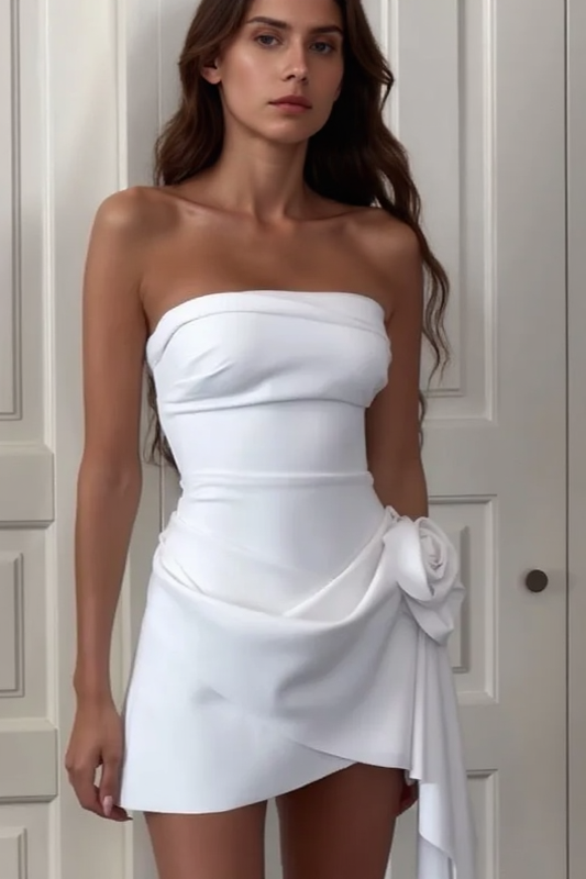 Strapless Flower Applique Asymmetric Fit and Flare Mini Dress - View 2