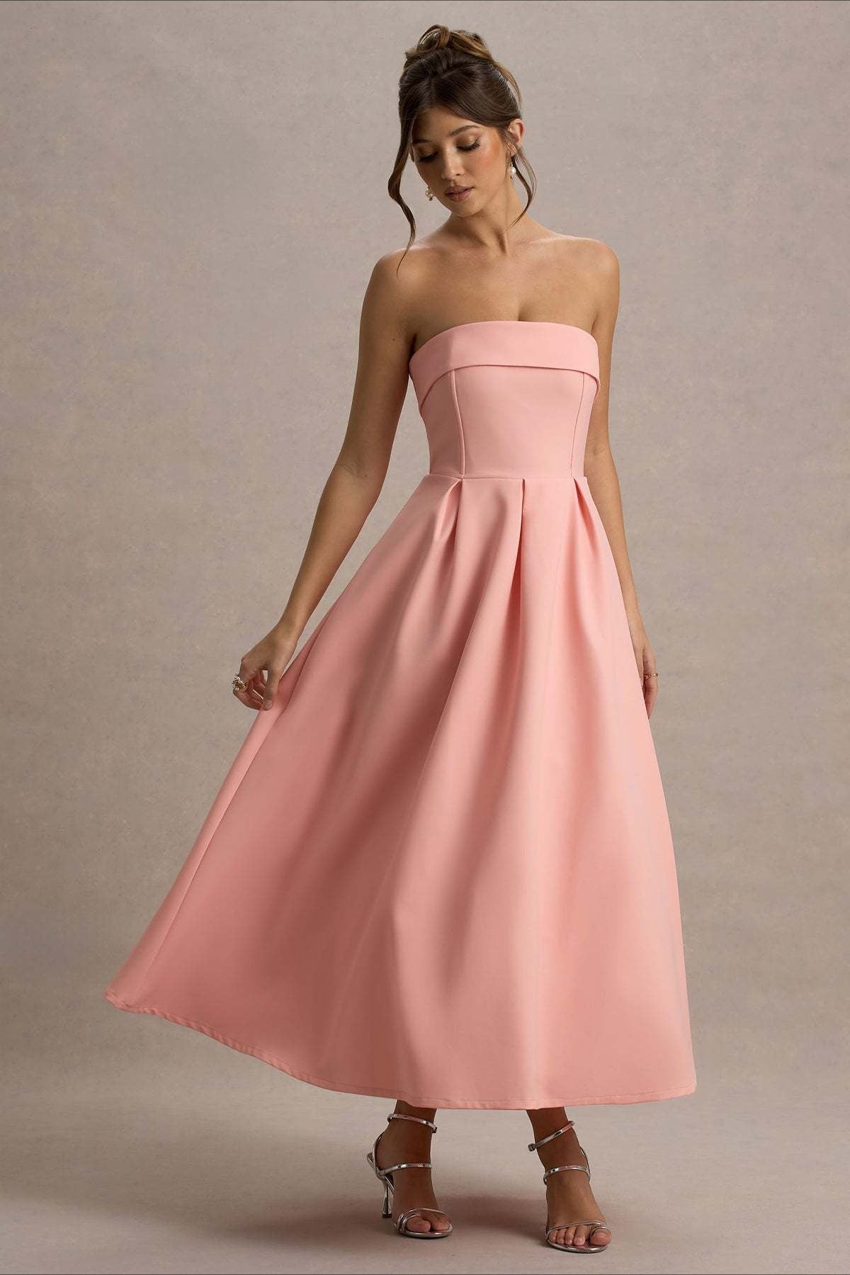 Strapless Fold Over Neck Box Pleat A-Line Midi Cocktail Dress - View 18