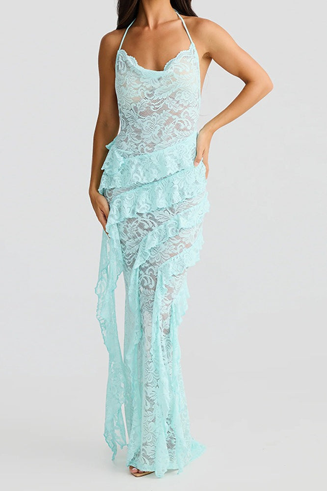 Backless Lace Halter Bodycon Maxi Dress
