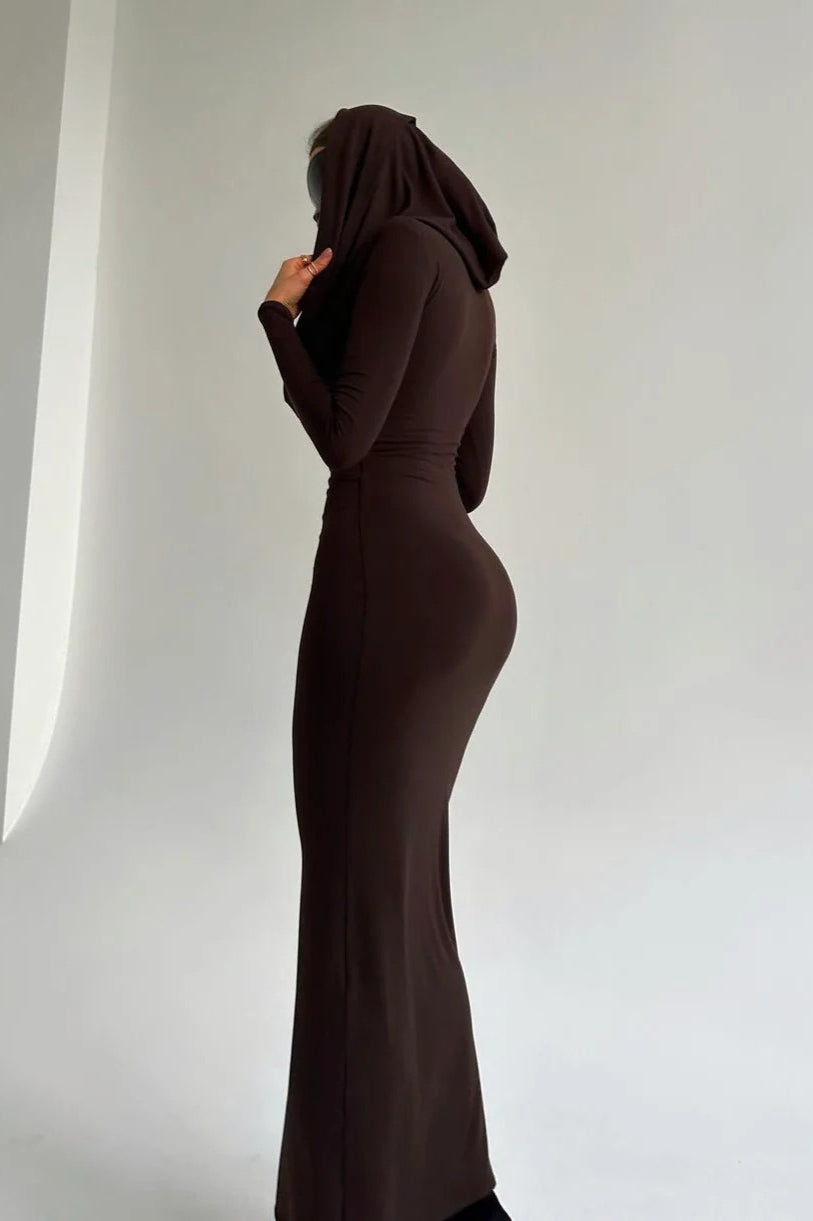 Cowl Neck Hooded Long Sleeve Bodycon Maxi Dress - View 4