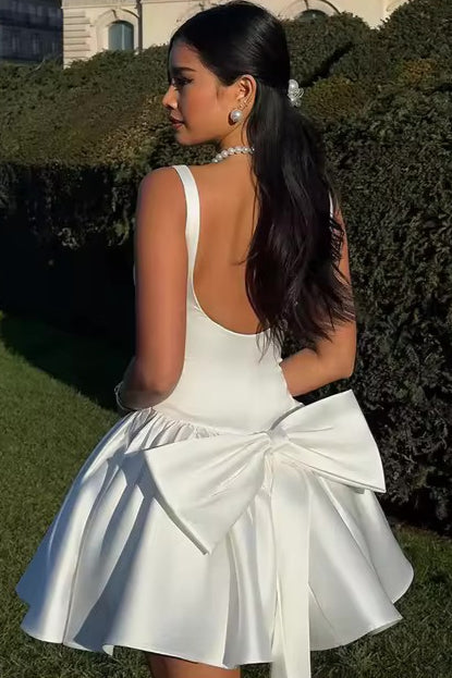 Satin Sleeveless Scoop Back Oversized Bow Pleated Mini Party Dress