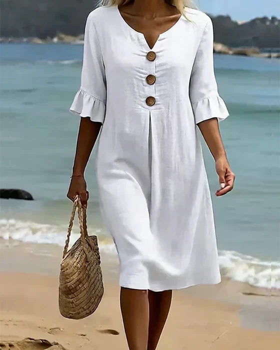 Notch Neck Button Front Ruffle Sleeve Shift Dress 2
