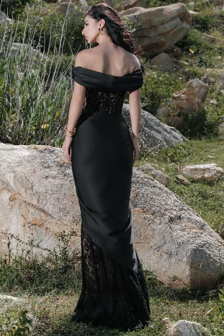 Lace Off Shoulder High Split Formal Maxi Dress - View 2