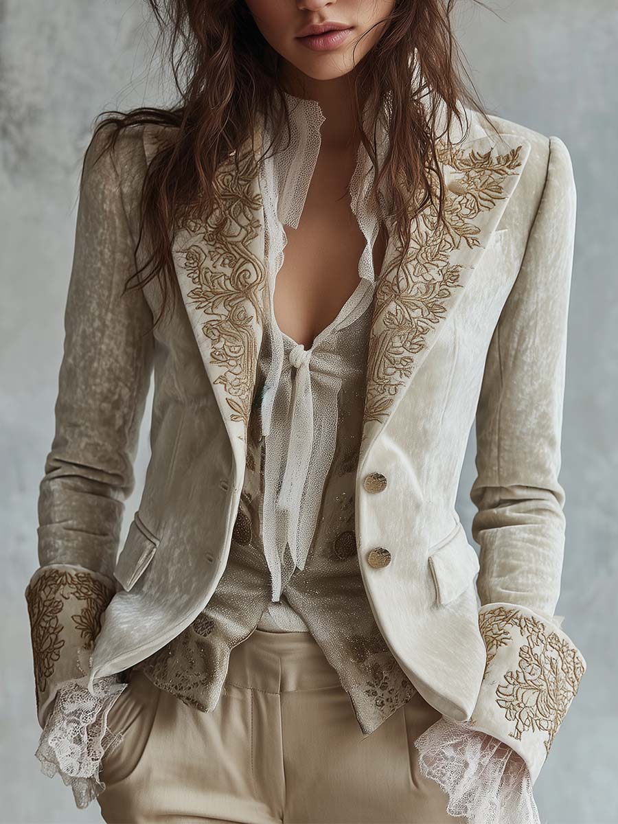Embroidered Lace Cuff Velvet Look Tailored Blazer