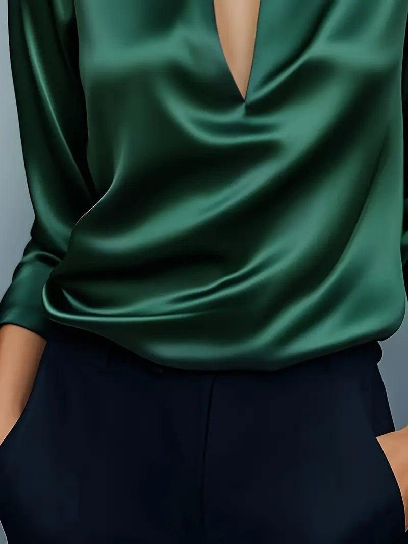 Collared Deep V-Neck Long Sleeve Satin Blouse 20