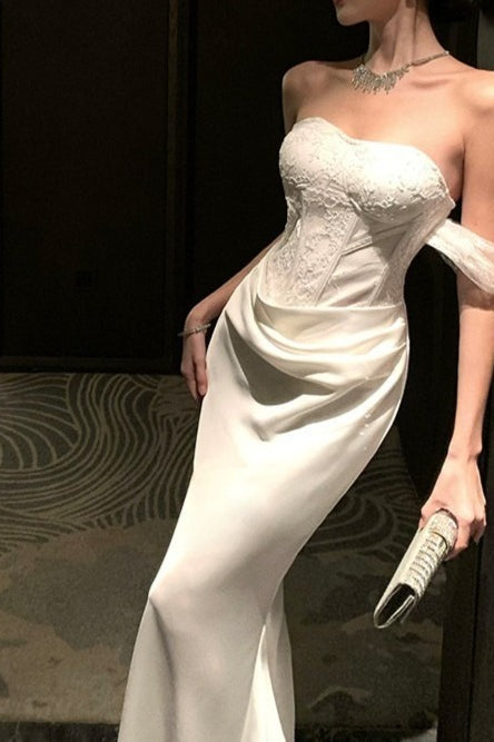 Satin Strapless Lace Bustier Ruched Mermaid Gown