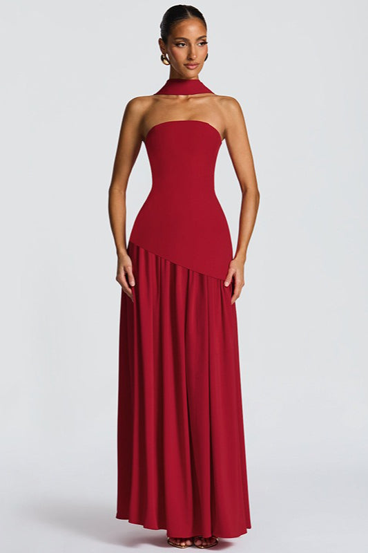 Strapless Choker Neck Asymmetric Flowy A-Line Maxi Prom Dress - View 7