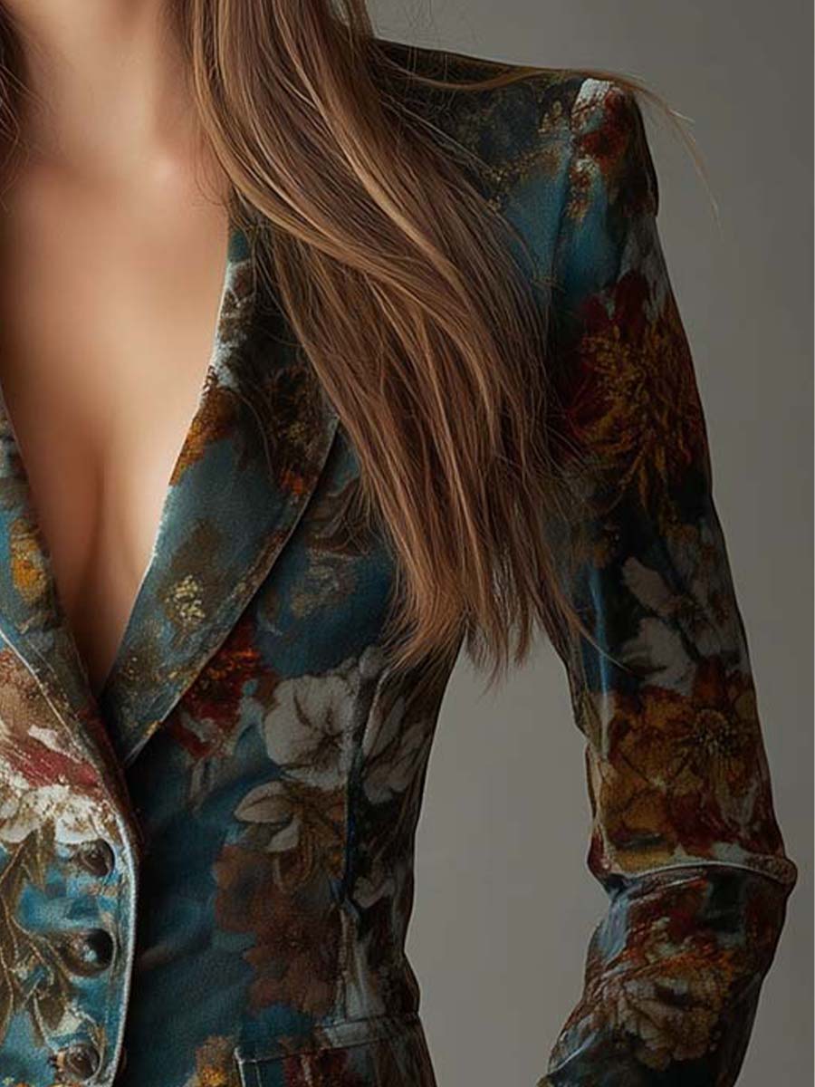 Floral Print Velvet Peak Lapel Blazer 4