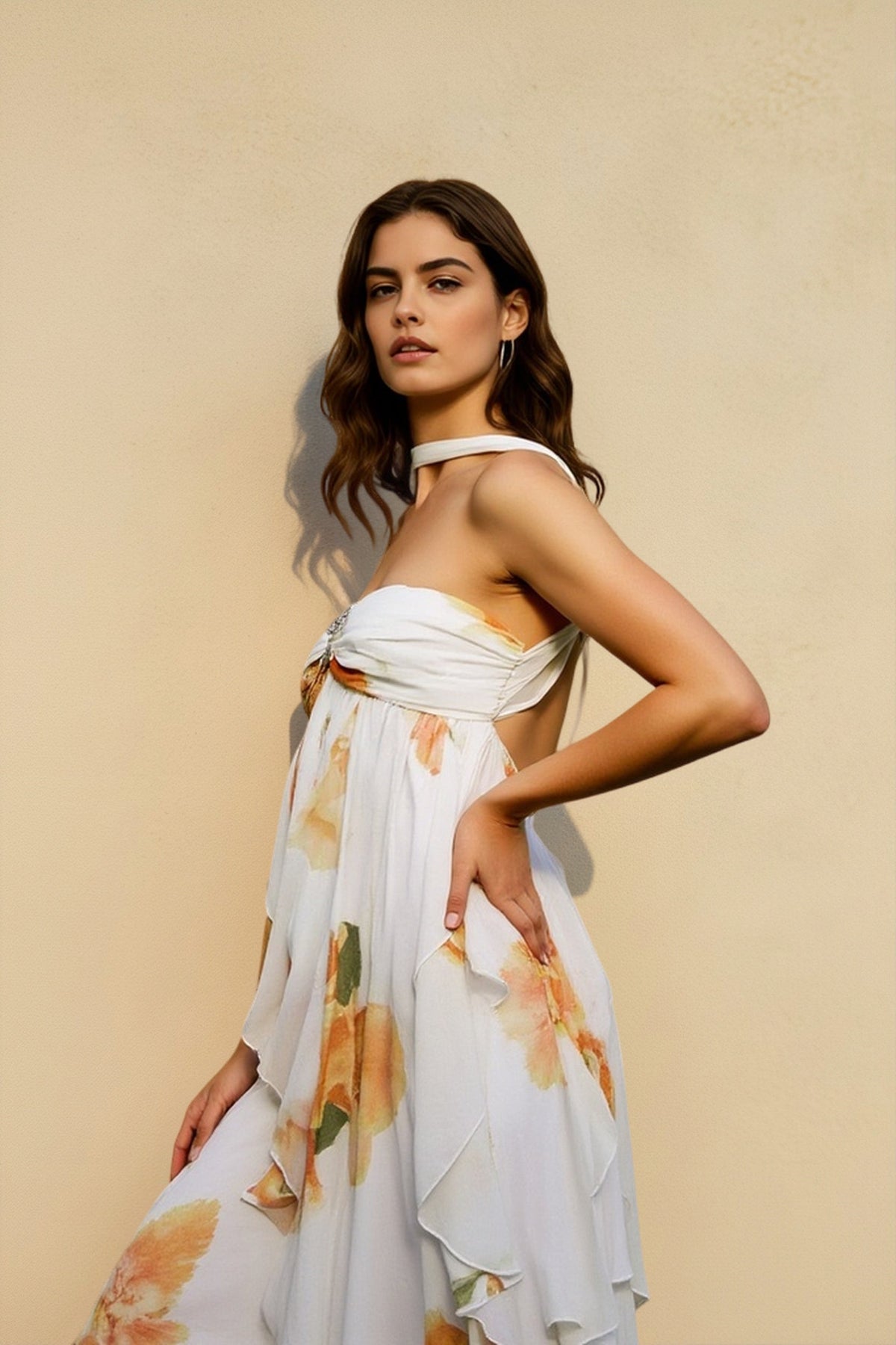 Backless Halter-Neck Lace Floral Dress