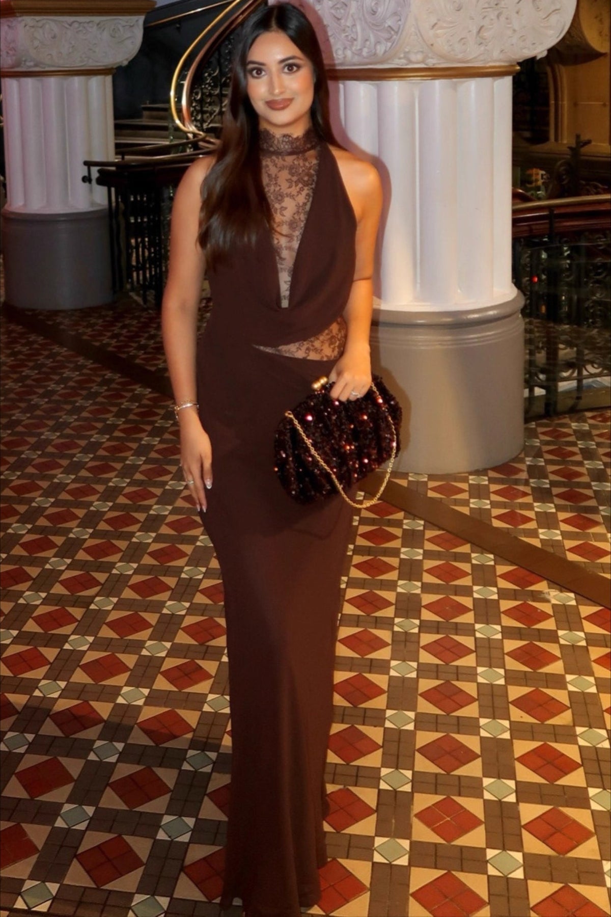 Halter Neck Lace Cut Out Backless Bias Cut Maxi Dress - View 6