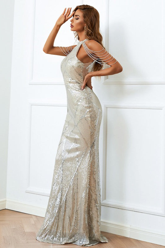Sequin Halter Neck Beaded Fringe Mermaid Gown - View 24