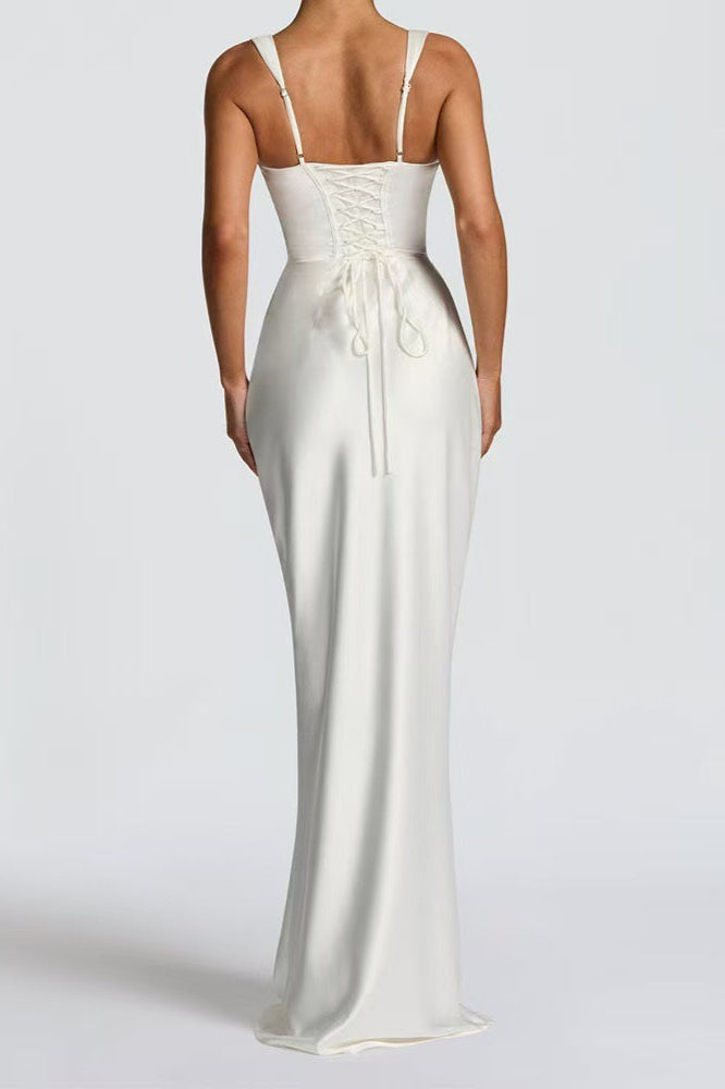 Satin Square Neck Ruched Slim Fit Maxi Prom Dress - View 14