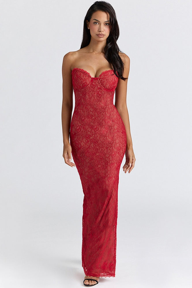 Lace Strapless Corset Bodycon Maxi Dress - View 5