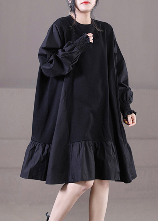 Knit Panel Round Neck Balloon Sleeve Smocked Cuff Mini Dress - View 3