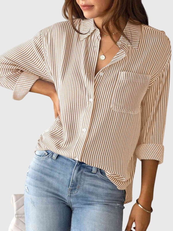 Striped Collared Three Quarter Sleeve Button Front Shirt 20