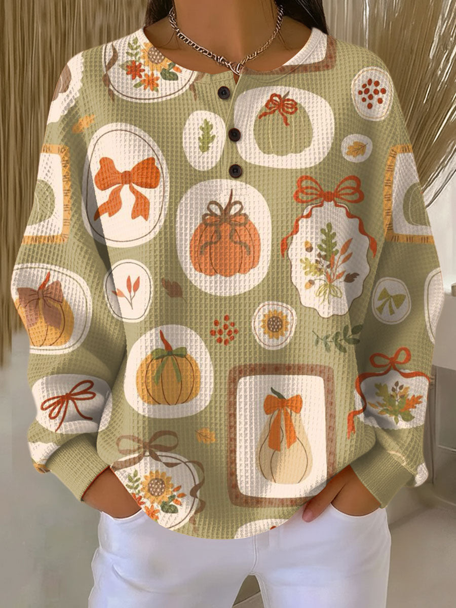 Pumpkin Print Waffle Knit Button Placket Sweatshirt