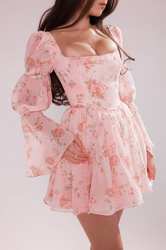 Floral Square Neck Bishop Sleeve Corset Flare Mini Dress 2