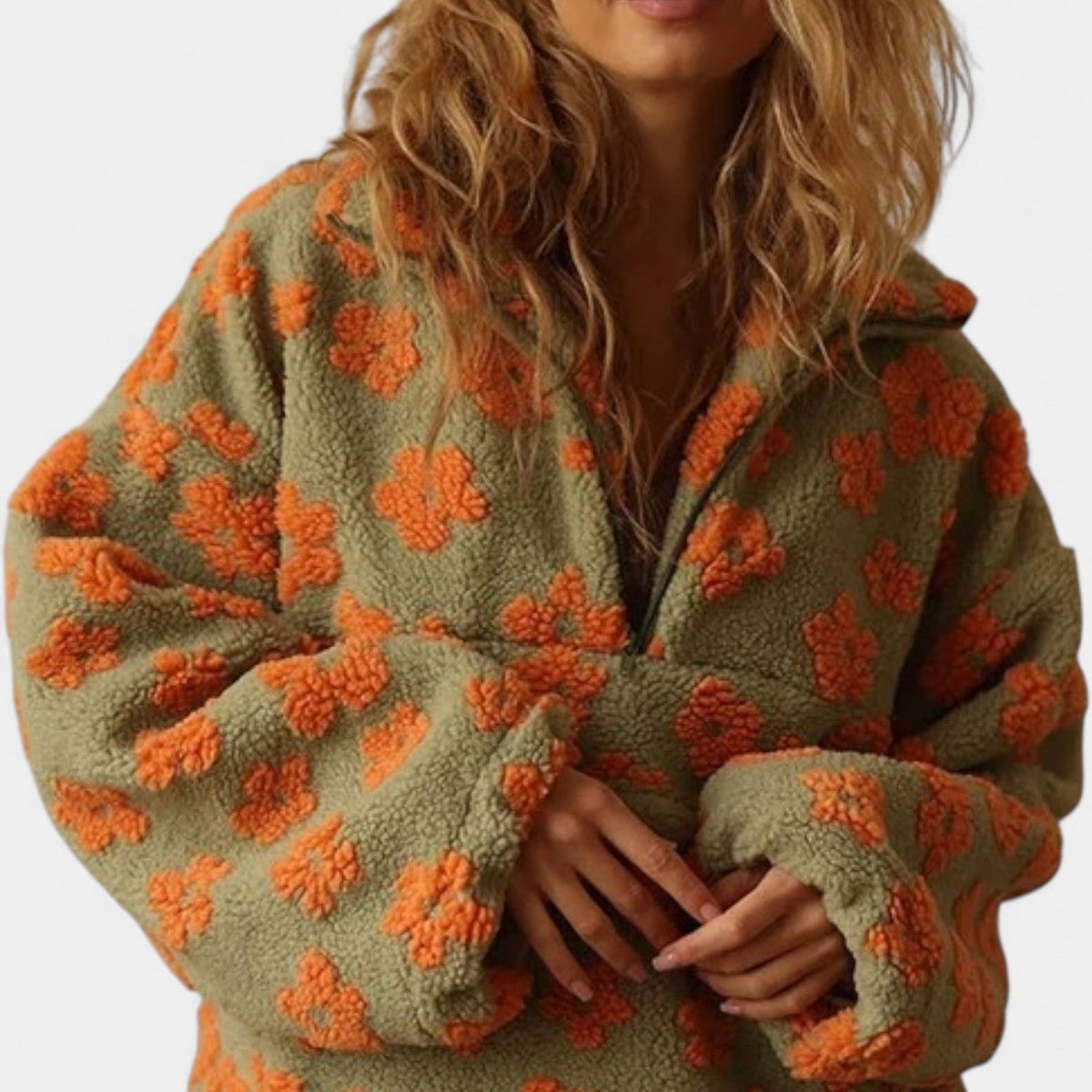 Floral Print Half Zip Collared Sherpa Fleece Pullover 6