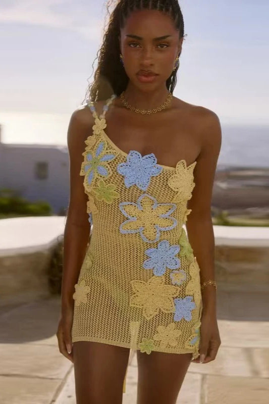 Crochet Mesh One Shoulder 3D Floral Applique Cut Out Mini Dress - View 2