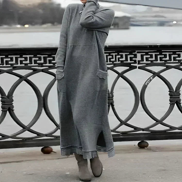 Knit Cowl Neck Long Sleeve Patch Pocket Side Slit Maxi Dress