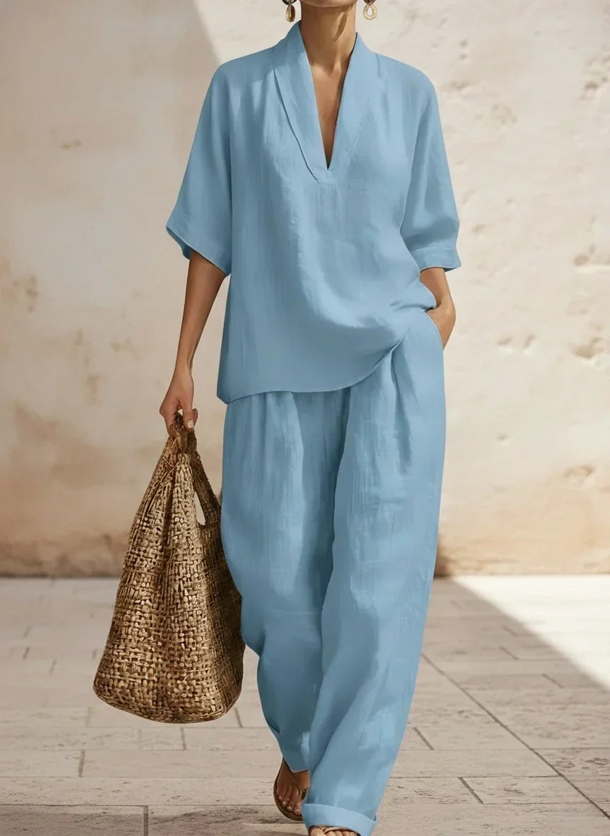 Deep V-Neck Short Sleeve Top and Wide Leg Pants Two Piece Set 3