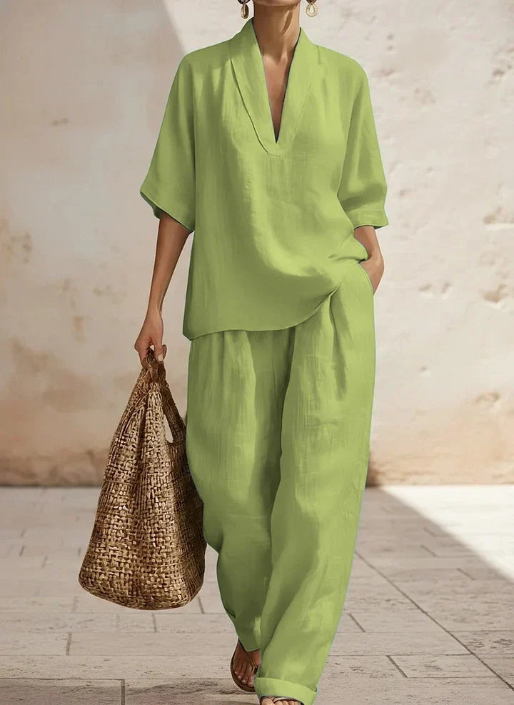 Deep V-Neck Short Sleeve Top and Wide Leg Pants Two Piece Set 6