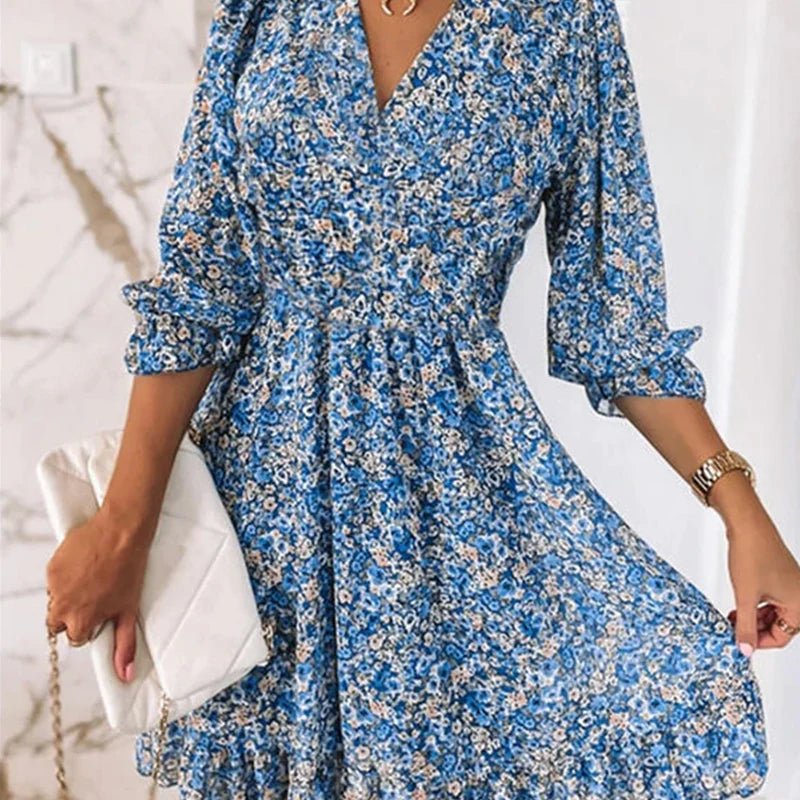 Ditsy Floral V-Neck Smocked Waist Ruffle Hem Mini Dress 7