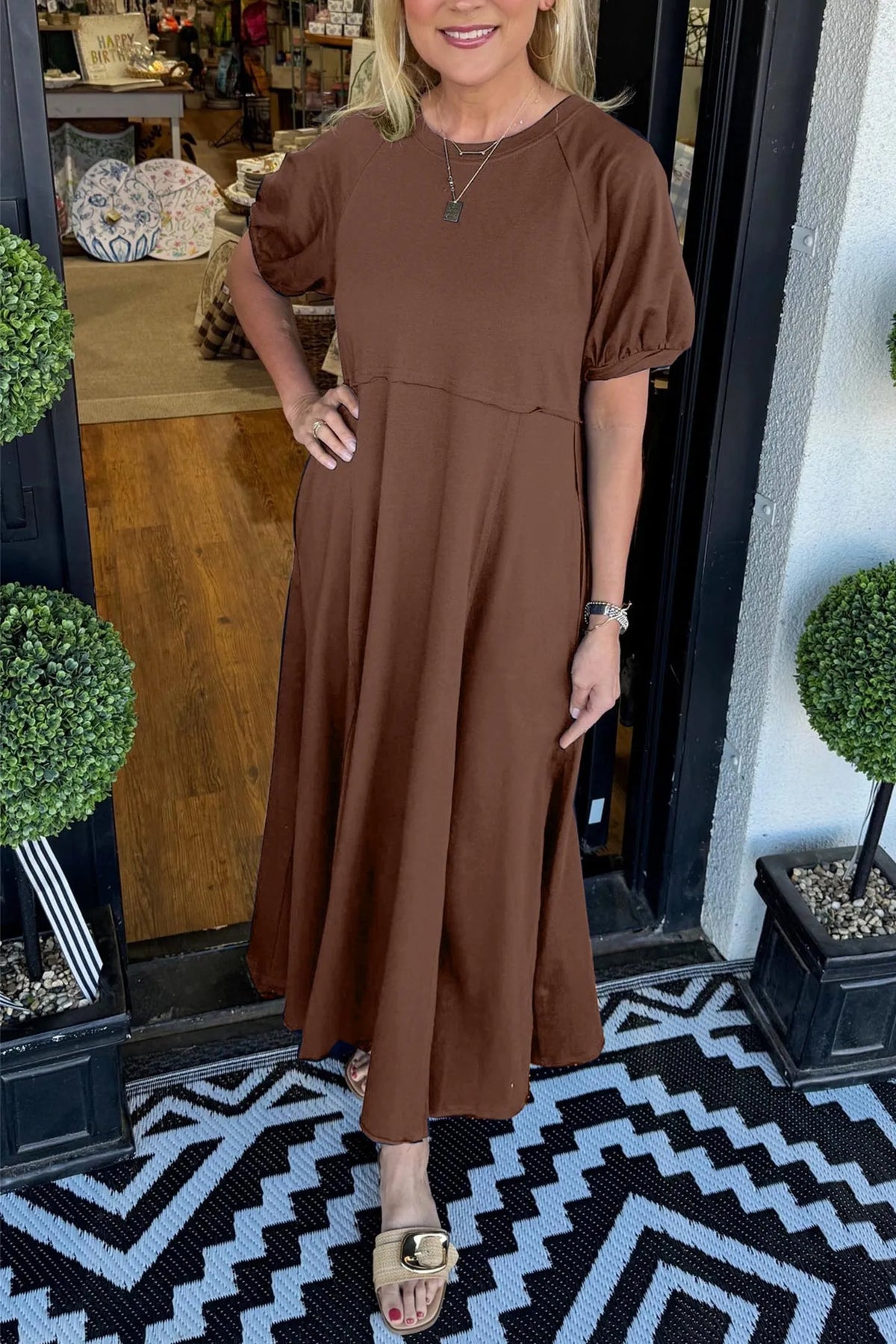 Round Neck Puff Sleeve Fit and Flare Midi Dress 8