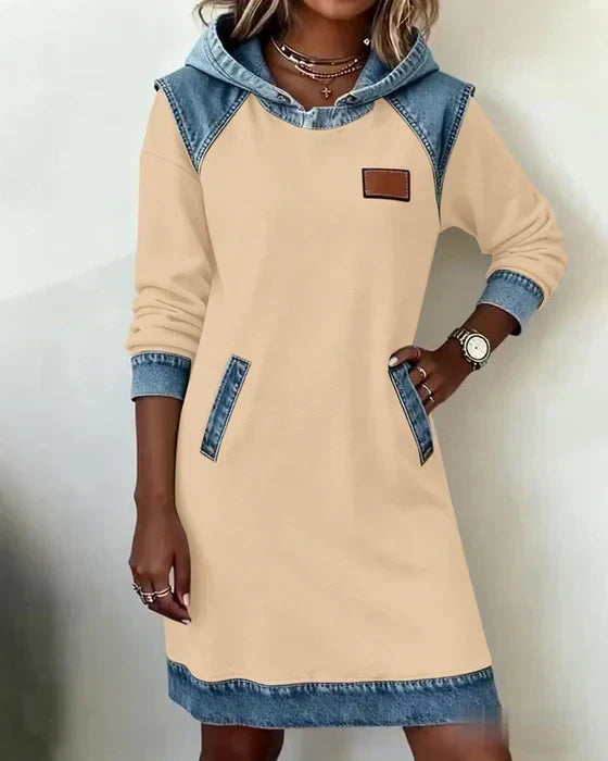 Hooded Denim Contrast Long Sleeve Sweatshirt Dress 10