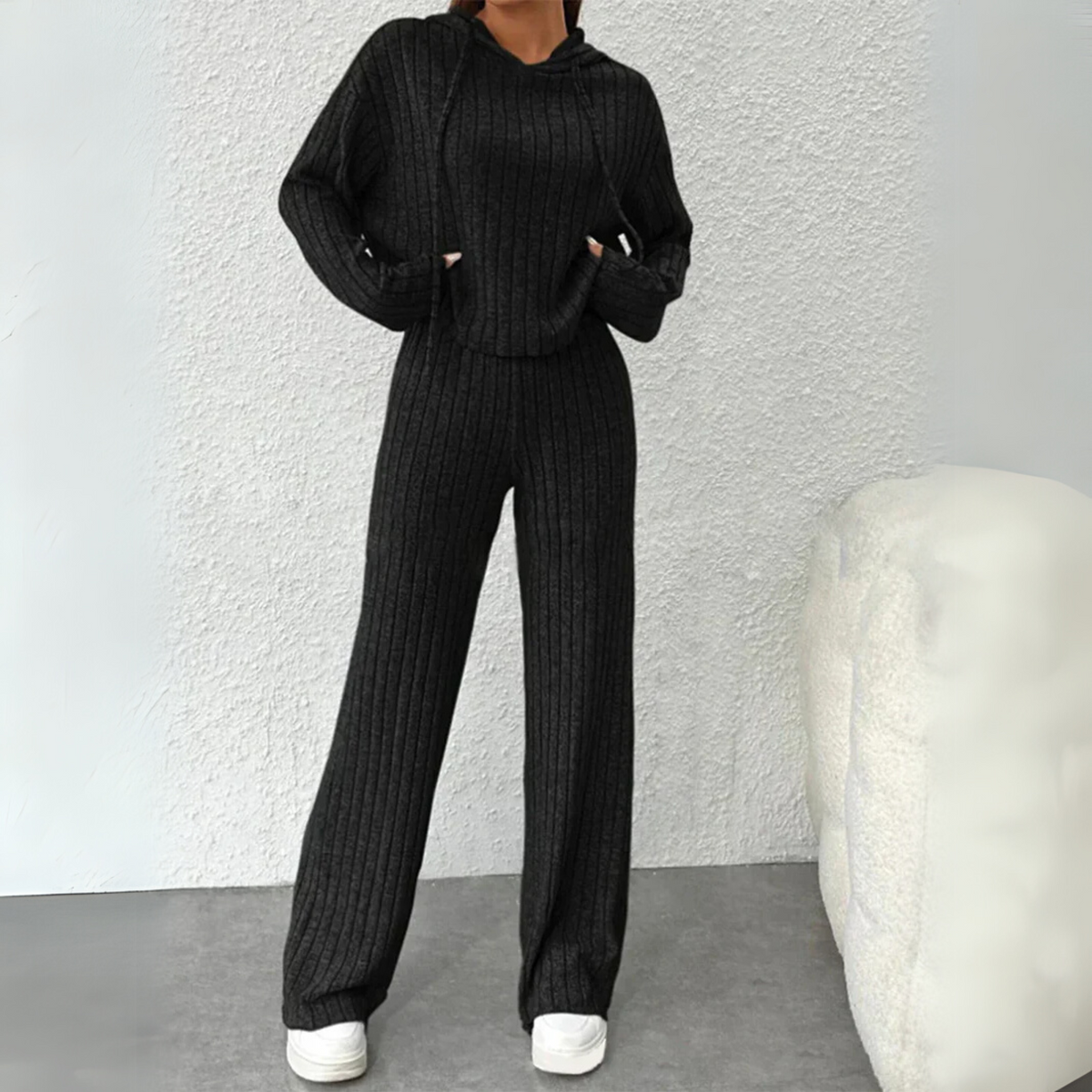 Ribbed Knit Hooded Top and Wide Leg Pants Two Piece Set 3