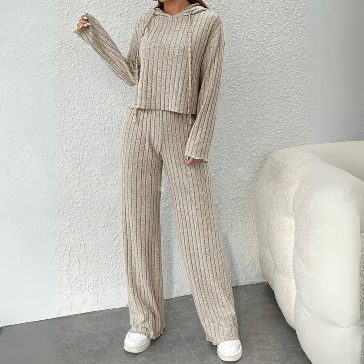 Ribbed Knit Hooded Top and Wide Leg Pants Two Piece Set 2