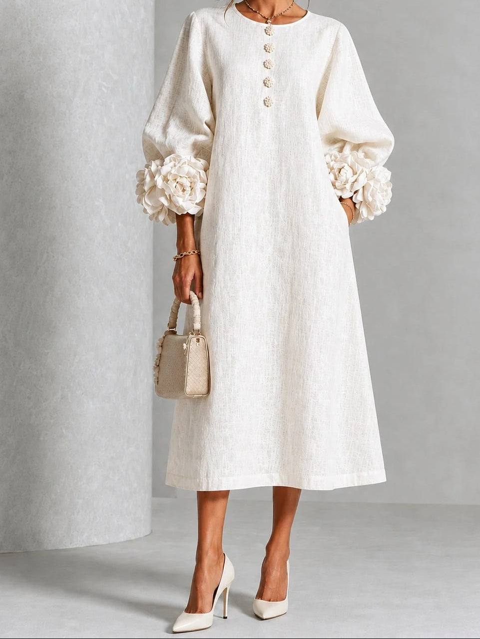 Round Neck 3D Floral Cuff Button Front Midi Dress 2